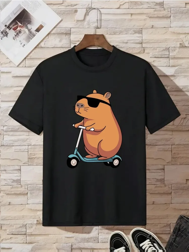 Lindo capibara montar Scooter diseño mujer Casual camisa diaria cuello redondo Top ropa juguetona diversión moda manga corta