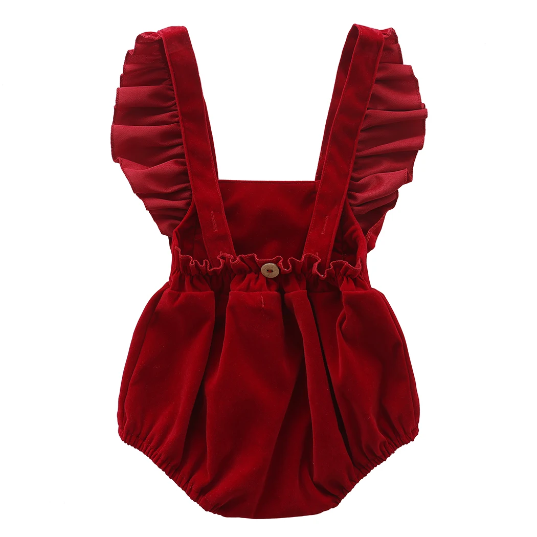 Christmas Velvet Baby Girls Romper Fall Winter Ruffles Lace Sleeveless Jumpsuit for Toddler One-Piece Xmas Infant Clothing 0-24M