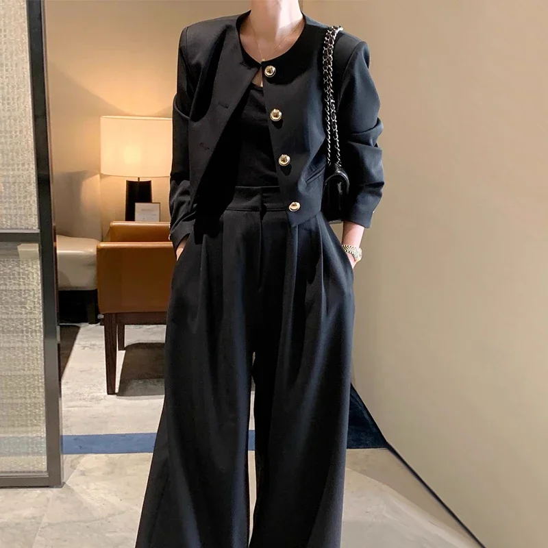 Autumn Casual Two Piece Sets Korean Metal Buckle Long Sleeve Jackets  + High Waist Pantalones Mujer Advanced Sense Women Suit