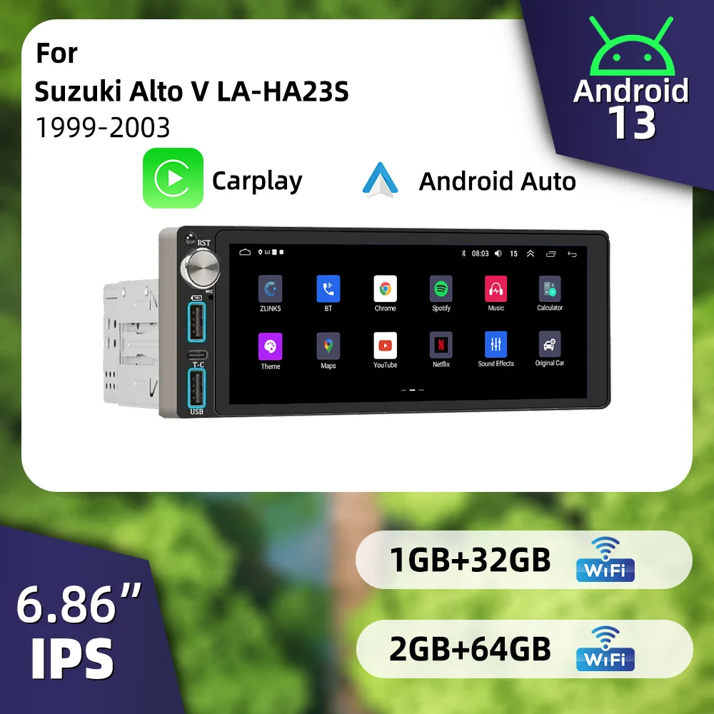 

Автомагнитола 1 DIN с беспроводным CarPlay и Android, экран 6.86 дюйма, для Suzuki Alto V LA-HA23S 1999-2003, GPS-навигация