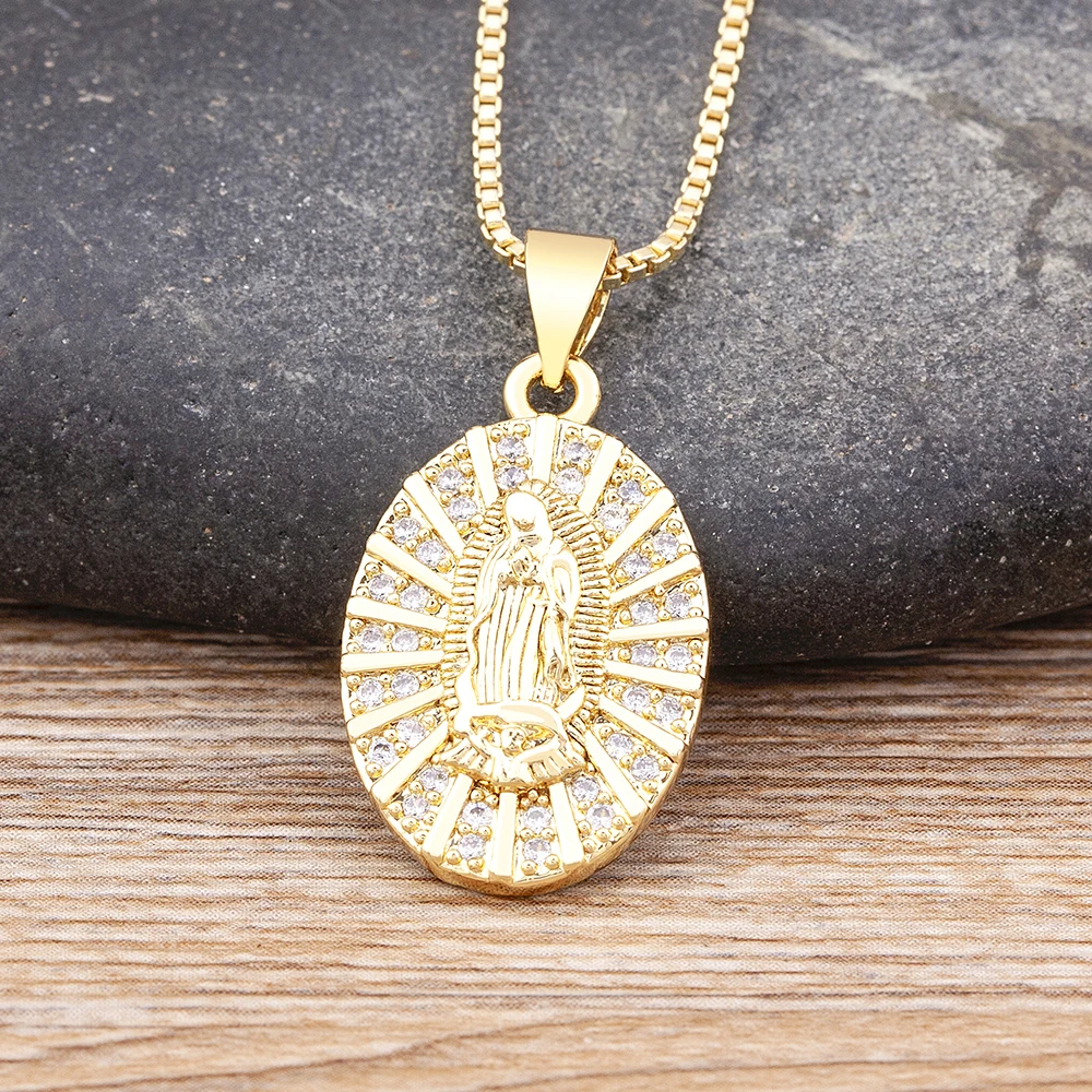 Nidin Our Lady of Guadalupe Virgin Mary Necklaces For Women Gold Plated Long Chain Zircon Pendant Holy Religion Jewelry Gifts