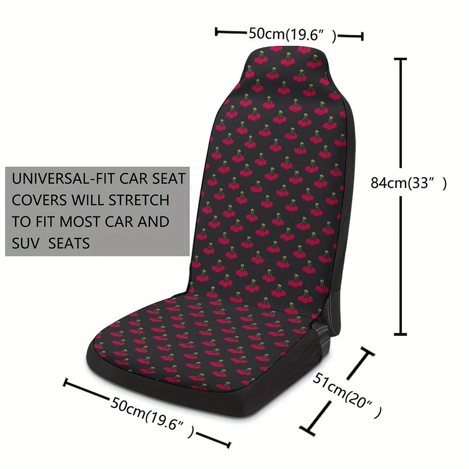 [Stylish Car Seat Covers] 2pcs Stylish Machine Washable Car Seat Covers - Non-Slip Breathable Fabric, Cherry Print Black With Re
