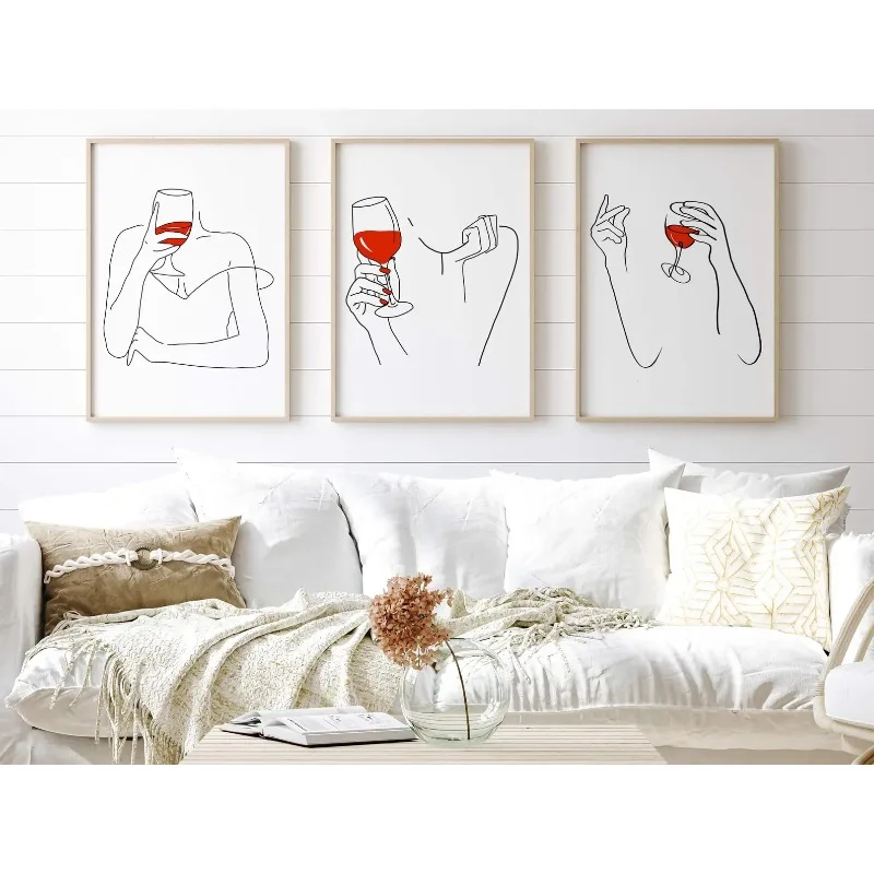 3pcs frameless Canvas Painting Wine Line Art Print Set of 3 Minimalist Red Wine Bar Cart Wall Decor Art Home Decor Frameless Can