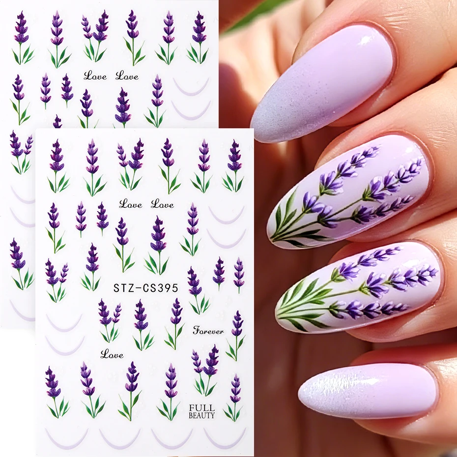 2 Stück Lila Lavendel Nagelkunst-Aufkleber Florale Nagelsticker Französische Spitzen Blüten-Nagelschieber Dekorationen Maniküre-Zubehör