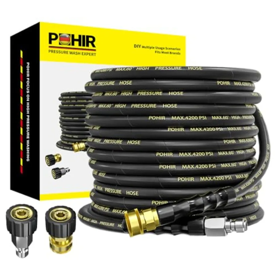 Pressure Washer Hose 50 Feet with 3/8 Inch Quick Connect Kink Resistant High Tensile Wire Braided with 2 pcs M22 14mm Adapter S