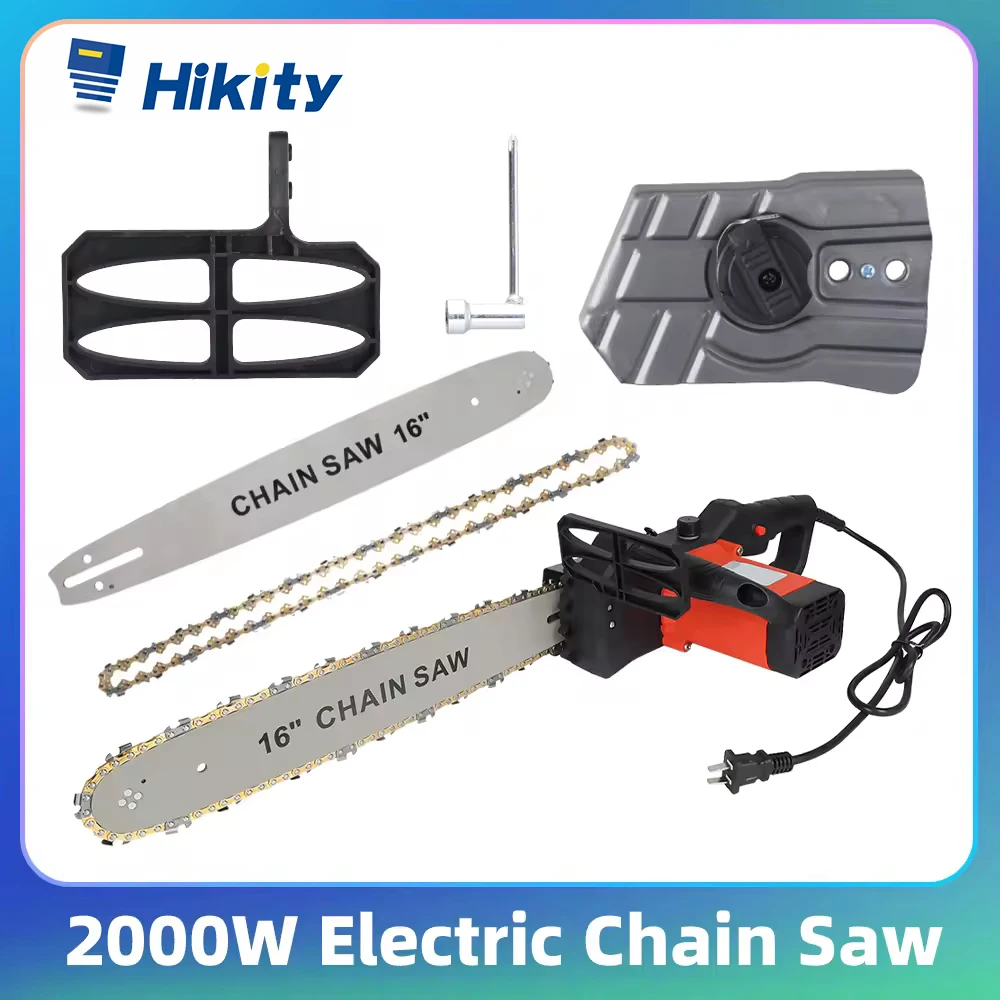 Hikity Tronçonneuse électrique 16 pouces 2000W Outil électrique pour le travail du bois 800m/min Grande tronçonneuse électrique Tronçonneuse électrique pour l'élagage 220V 50HZ