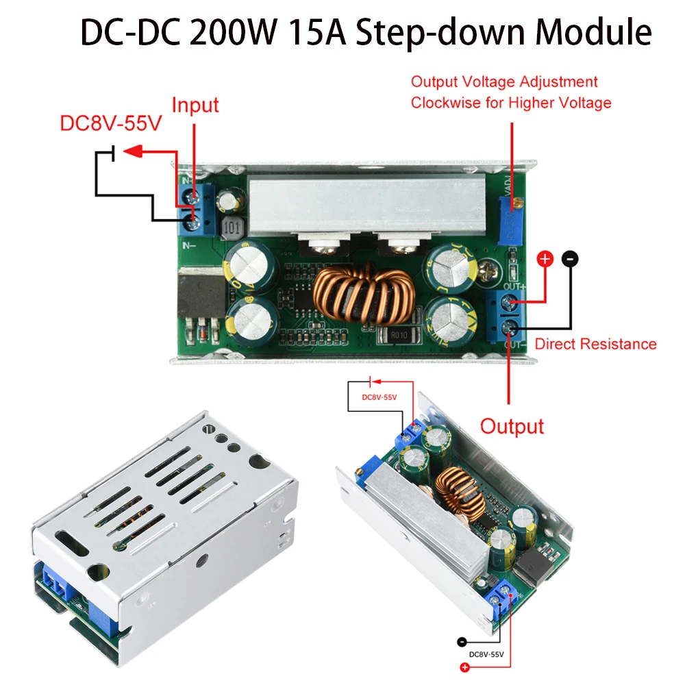 DC-DC 200W 15A Step-Down Buck Converter 8-55V to 1-36V Adjustable Power Module Overload Short Circuit Protection with Shell