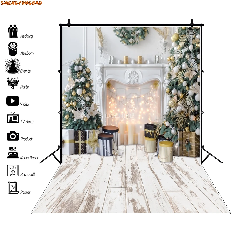 Merry Christmas Photography Background Xmas Tree Gift Arch Door Christmas Decorations Family Party Photo Backdrop Studio