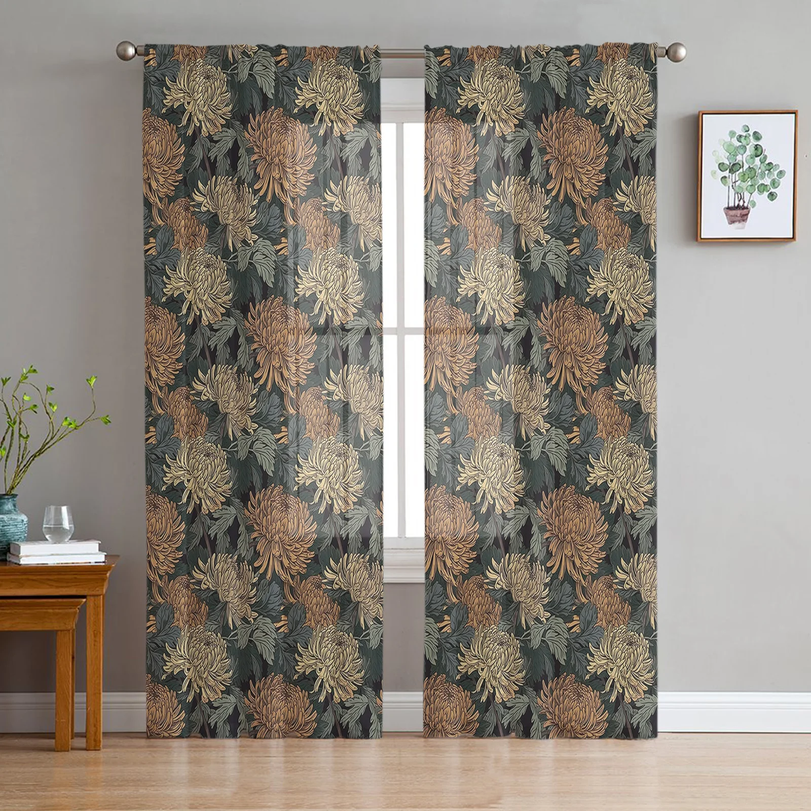 Chrysanthemum Dahlia Flower Sheer Voile Curtain for Living Room Bedroom Kitchen Window Transparent Chiffon Tulle Curtain