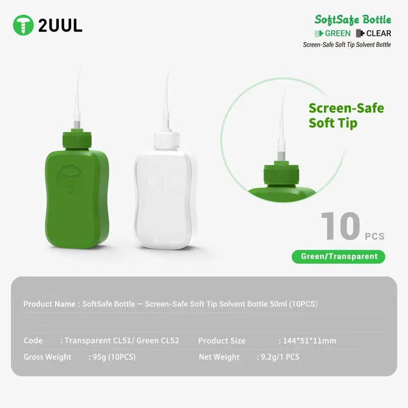 2UUL CL51/52 50ML Soft Tip Squeeze Solvent Bottle 10PCS Anti-Scratch Needle Tip for Mobile Phone PCB Circuit Board Repair