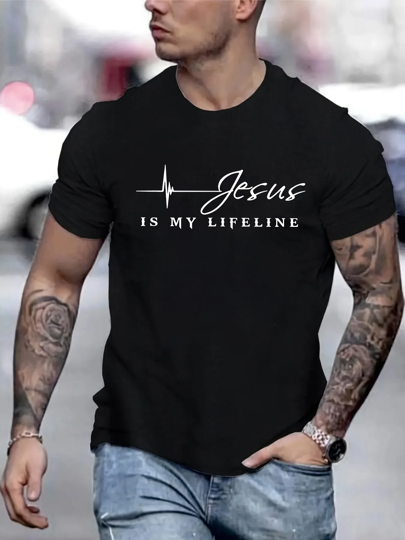 

Men's summer 100 cotton fashionable casual loose Jesus is the pillar of my life printed round neck short sleeved T-shirt top