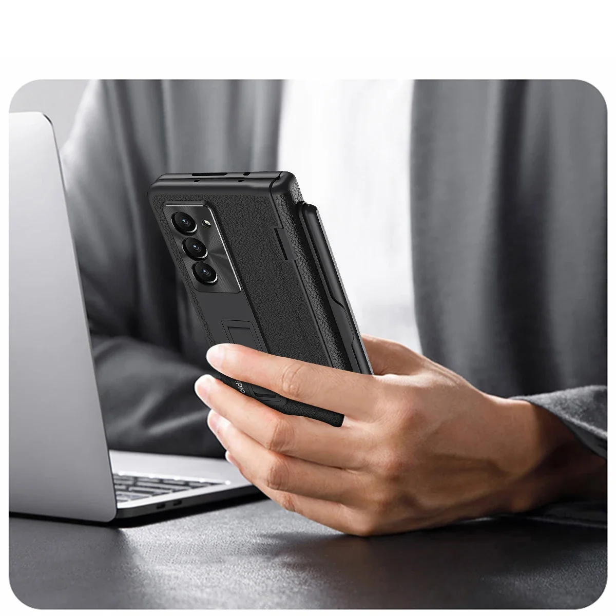 For Samsung Galaxy Z Fold 6 5 4 3 Case Matte Luxury Leather Bracket Folding Hinge With Pen Slot Screen Film Protector Hard Cover