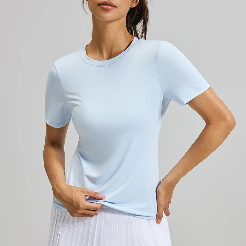 女性用バックホローアウトクロススポーツトップ、ラウンドネック半袖フィットネスtシャツ、アウトドアスポーツランニングジム通気性ヨガトップ