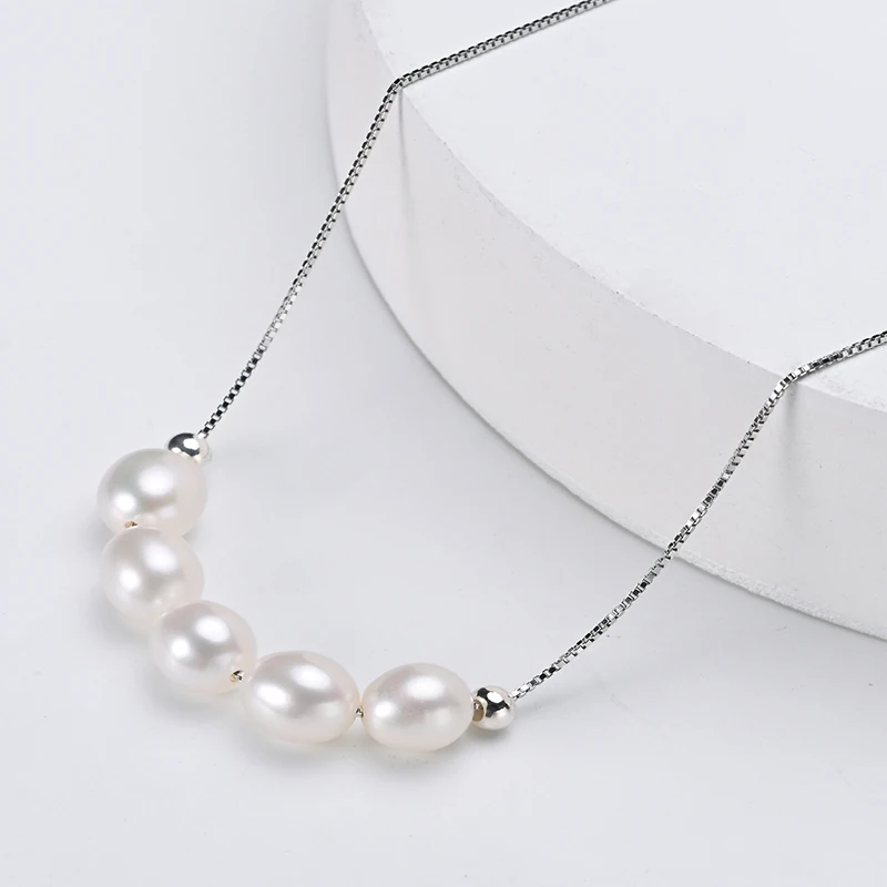 Natural Freshwater Pearls Rice Shape Pendant Necklace S925 Sterling Silver Smile Chain Simple Fashion Jewelry Gifts for Women