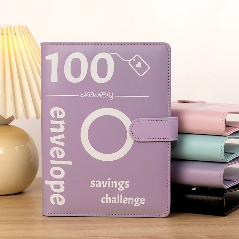 100 Envelope Cash Savings Challenge Books A5 Size Cash Binder Leather Cover Plastic Film Storage Bag Circular Buckle Loose Leaf