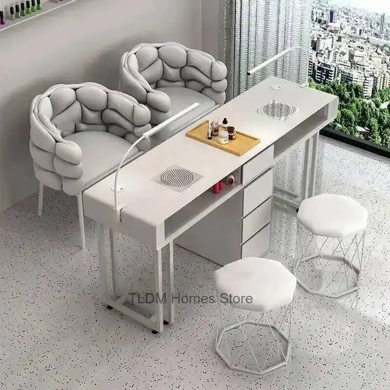 Tiroirs de Table modernes simples, Double manucure avec Table à ongles de Style crème et ensemble de chaises, Table à ongles légère de luxe pour magasin de manucure
