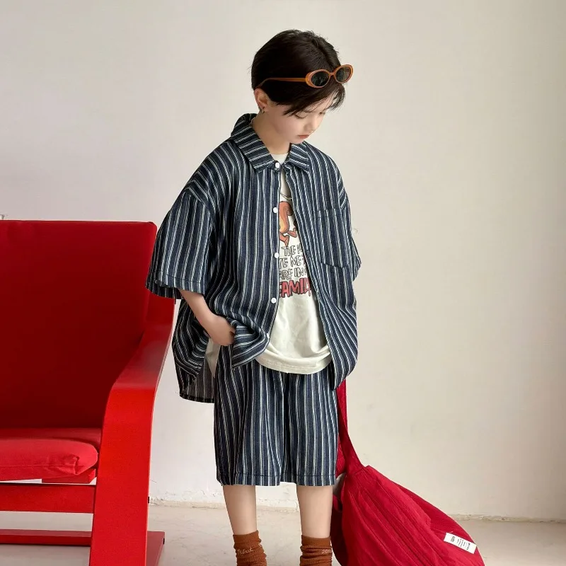 Boys Pure Cotton Short-sleeved Set 2026 Summer New  Striped Casual Two-piece Set Loose Thin Breathable Children's Clothing Tide