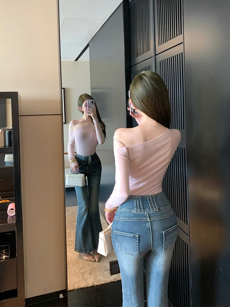 

Джинсы-клеш с высокой талией для женщин, стройнящие, из эластичного денима, винтажные, в пол, универсальные, прямые брюки