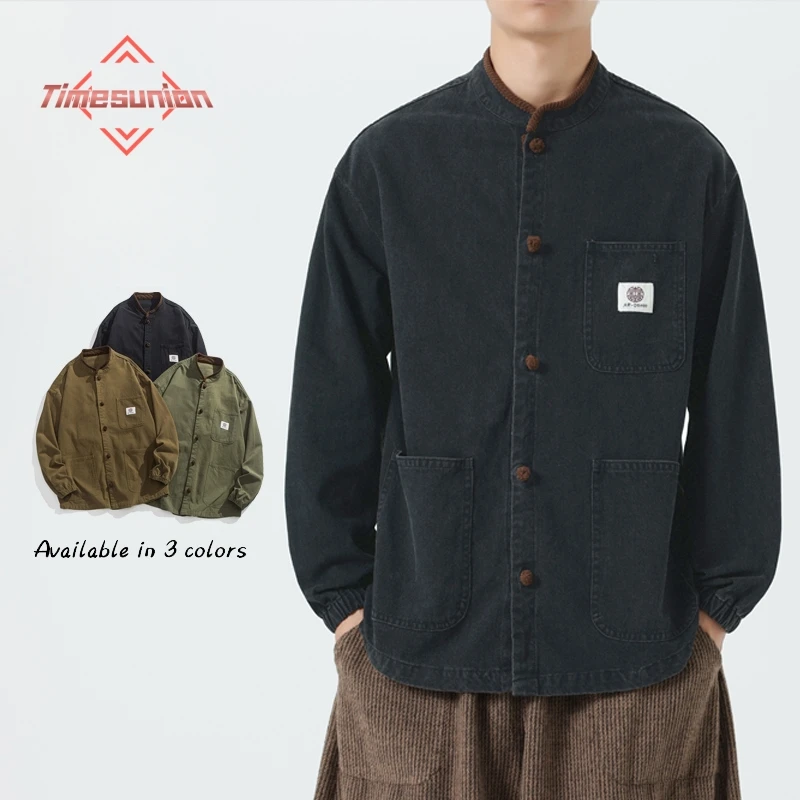 

Autumn Jackets for Man Hot Sale New Chinese Style Loose Men's Tang Suit Jacket Washed Stand Collar Cloth Coat Retro Shirt Coat