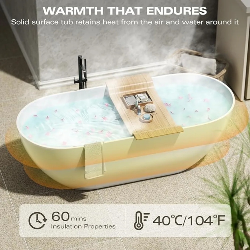 Bathtub, 59 in, Oval Solid Surface, Freestanding Soaking Tub with Integrated Slotted Overflow and Drain, Freestanding Tub