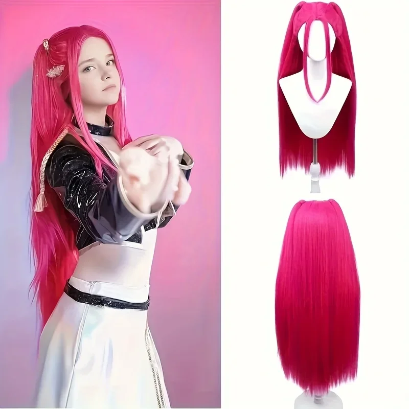 

2026 Rumi Zoey Mira Косплей Фэнтезийный костюм синтетический парик, фиолетовый парик с разделенной косой, розово-красные длинные прямые волосы с пучком