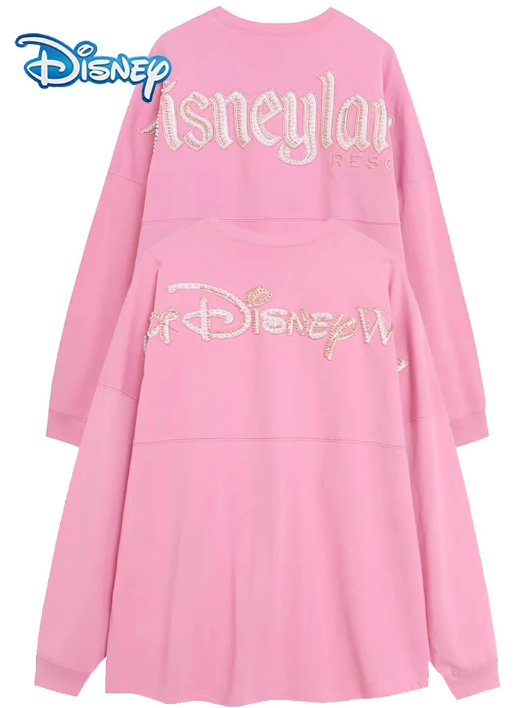 Sudadera de manga larga holgada para mujer con estampado de dibujos animados de Disney World, bordado de letras y perlas, color rosa dulce