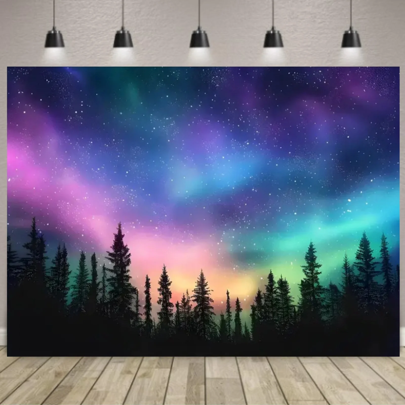 2D flach, 1 Stück Aurora Borealis Hintergrundstoff – lebendiger Sternenwald-Hintergrund, Polyester