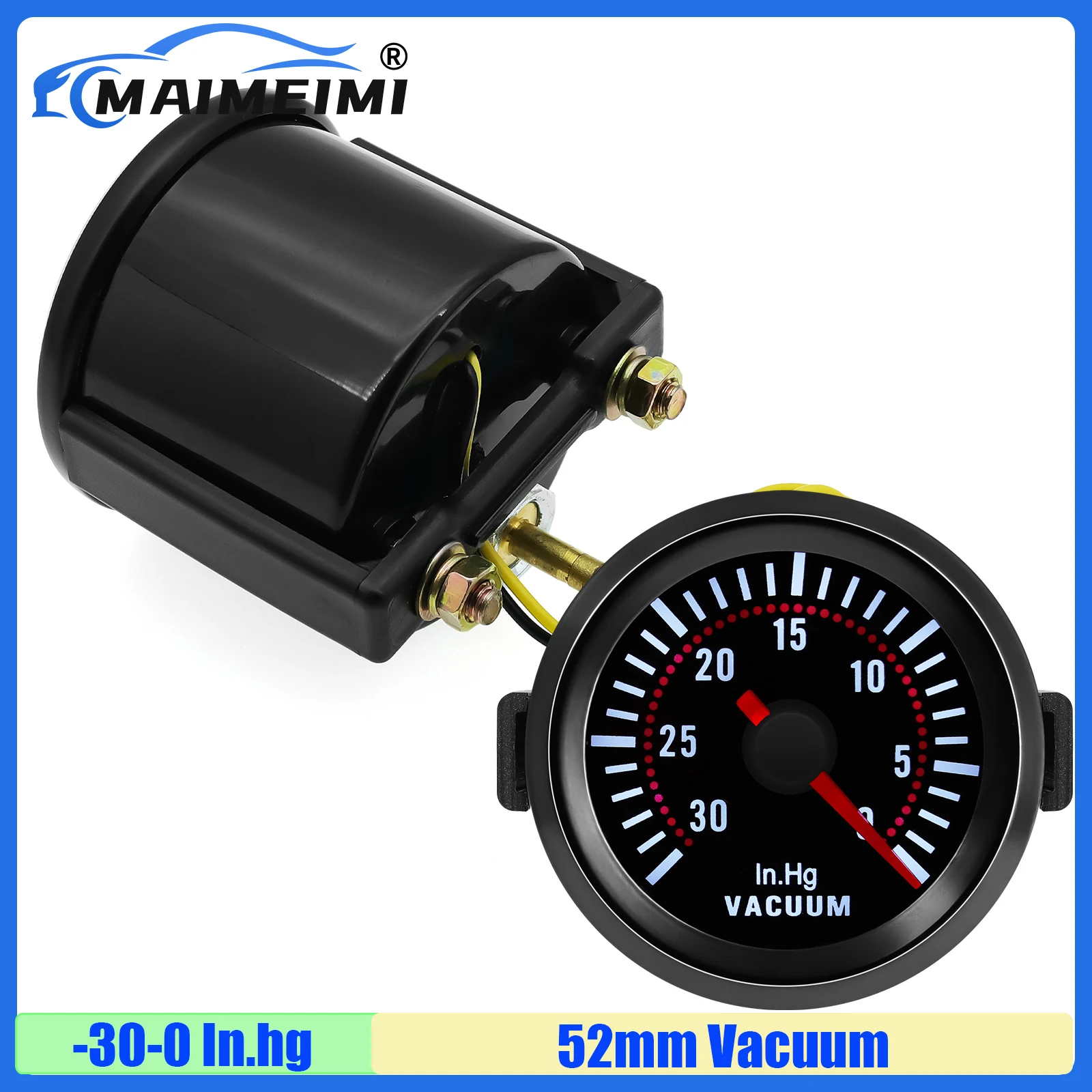 Maimei medidor de vácuo automático para carro, 2 ", 52mm, 12v,-30 ~ 0 in. hg exibindo lente de fumaça, motor a gasolina, carro de corrida, medidor de vácuo, led branco