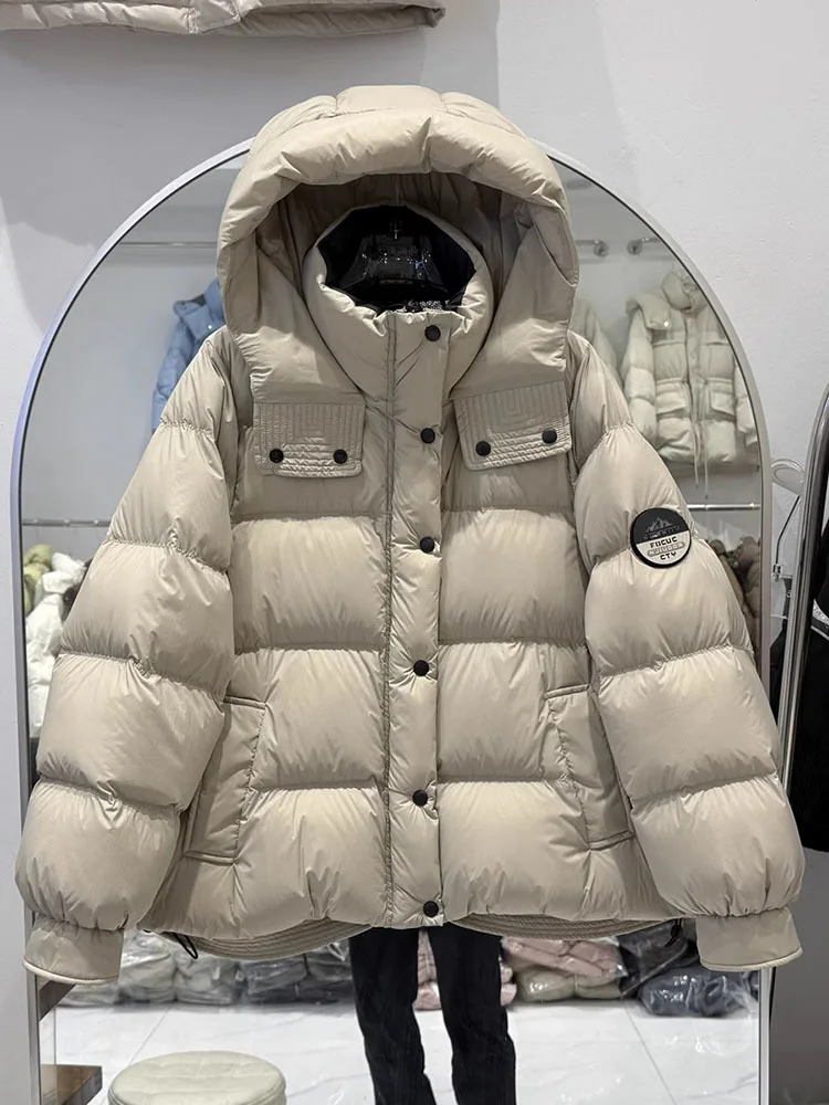 Koreanischer Stil mit Kapuze, Daunenjacke für Damen, 2022, Neuankömmling, verdickte Kapuzen-Pufferjacke mit langen Ärmeln, Winter