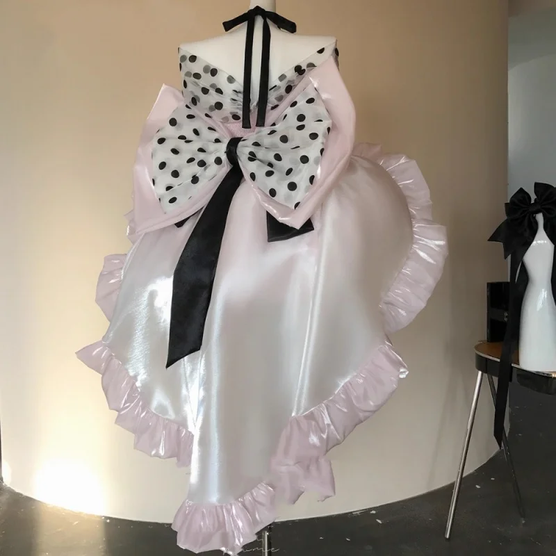 달콤한 소녀 공주 생일 파티 드레스 핑크 도트 오프숄더 하이웨이스트 큰 리본 트레일링 퍼피 미니 로리타 이브닝 드레스