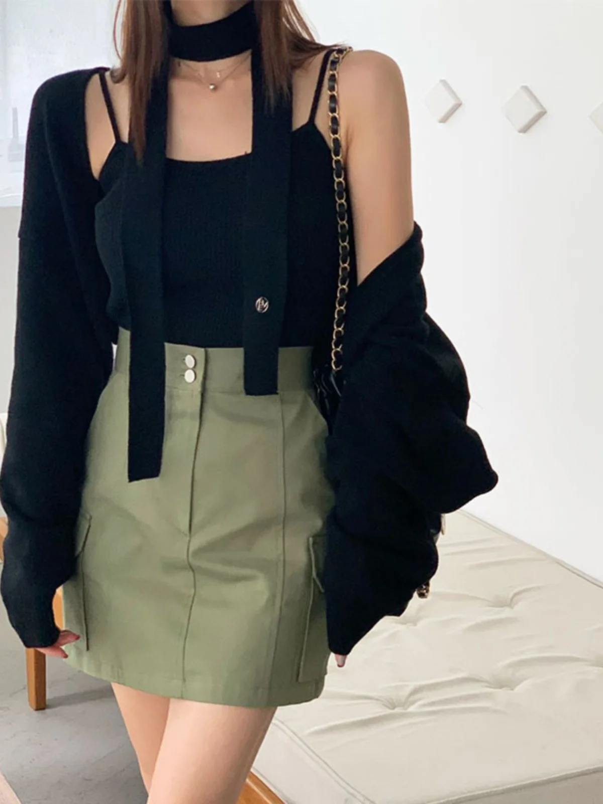 

Ele Sweet Knitted Set Women Early Autumn Commute Sweater Cardigan Inner Slim ort Vest Tee-piece Set Faion Ensemble