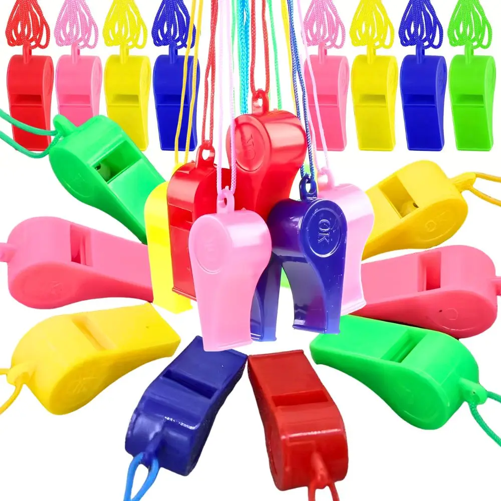 6pcs Random Color Loud Plastic Whistles With Lanyard, Referee Whistle For Sports Match, PE Class, Emergency Survival YMY