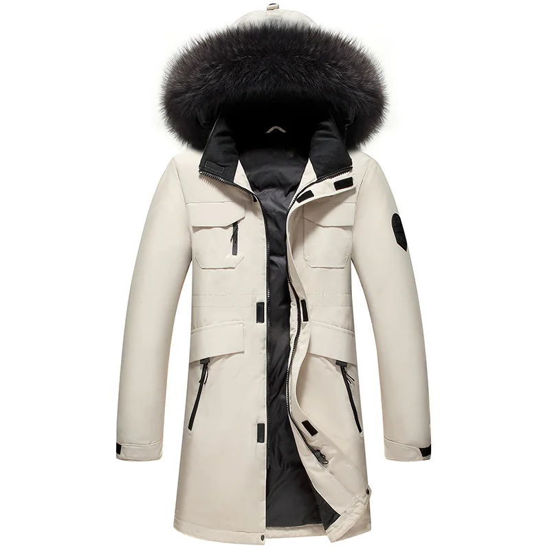 2025 رجل سترات أسفل معطف الشتاء منتصف طول طويلة الأكمام الذكور سترة رشاقته الدافئة الوقوف طوق جيب مقنعين الرجال ملابس خارجية