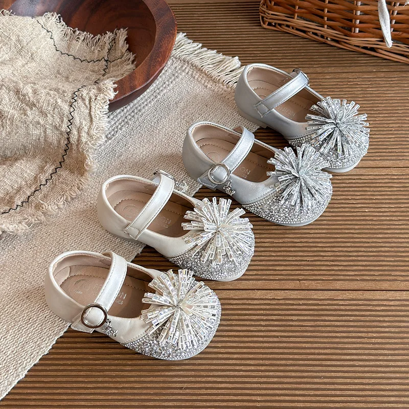 Girls' Spring Autumn New Princess Shoes Fashionable Diamond PU Leather Shoes Soft Sole Non-slip Square Buckle Shoes Loafer