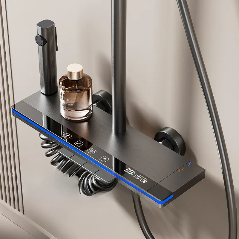 Smart Temperature Digital Display Shower System Bathroom Wall Mount Piano Key 4 Function Rainfall Hot Cold Shower Faucet Set