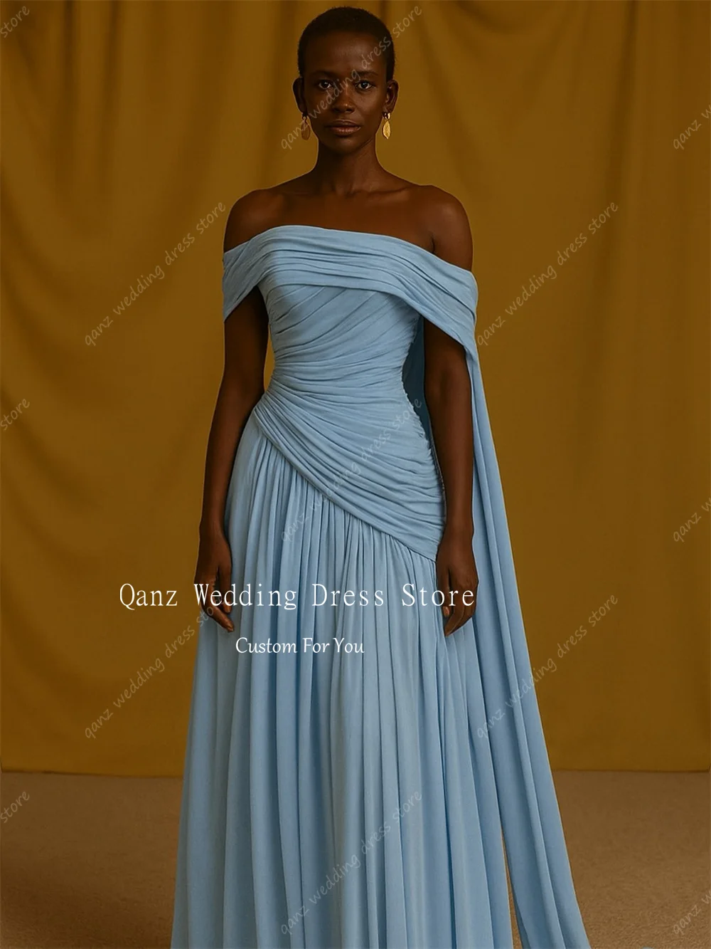 Qanz 두바이 스카이 블루 이브닝 드레스 오프 숄더 쉬폰 롱 A라인 프롬 드레스 플리츠 정장 맞춤형