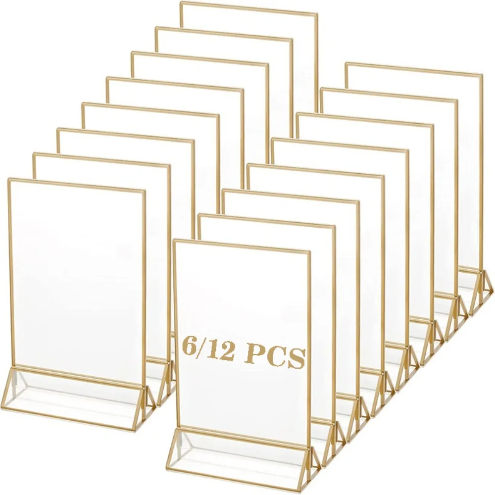 

6/12PCS Golden Acrylic Sign Holders 4x6/5x7in Double-Sided Table Numbers Picture Frames Clear Menu Sign for Wedding Restaurant