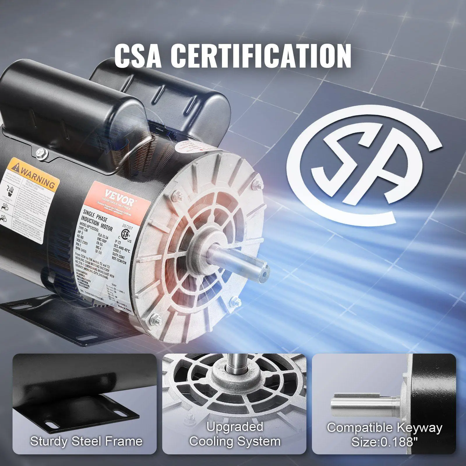 3HP 230V 3450RPM 56Frame Industrial Electric Motor 15.5A Reversible Rotation Open Drip-Proof Steel Frame Design