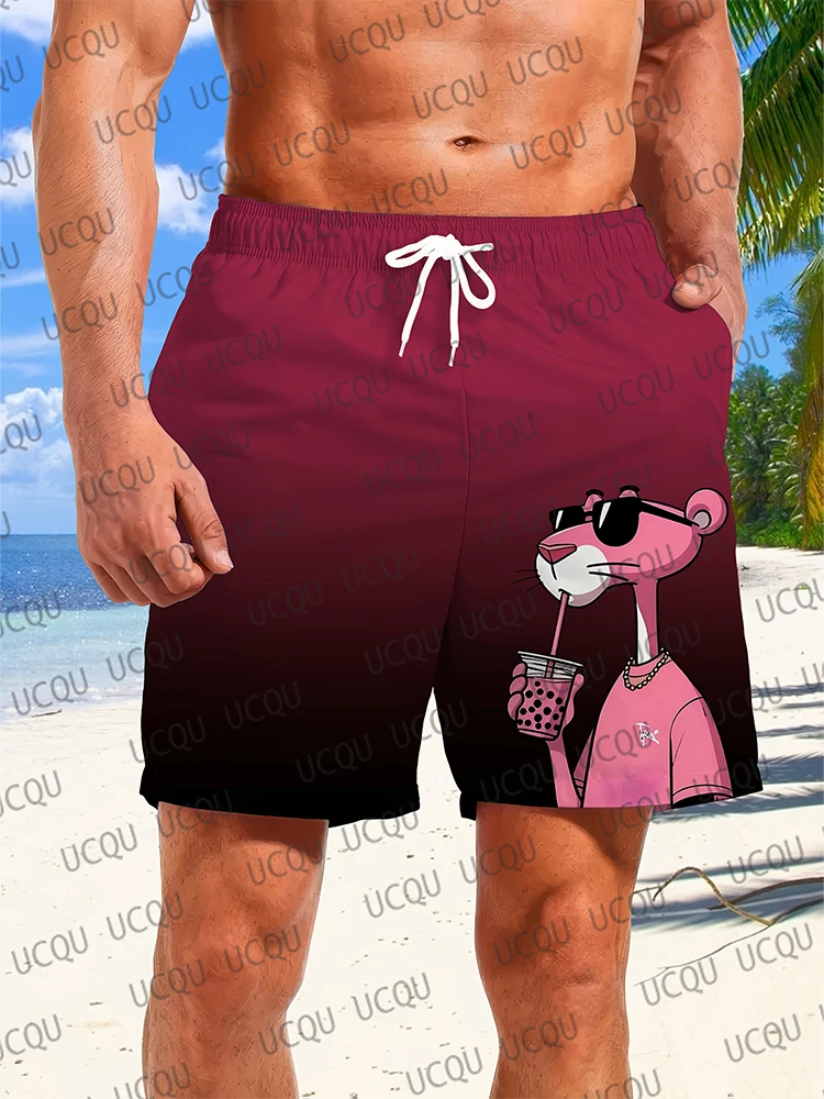 Pantaloncini da spiaggia con stampa cartoon 3D da uomo Costume da bagno casual estivo con pantaloncini casual da vacanza traspiranti ad asciugatura rapida con gatto rosa giocoso