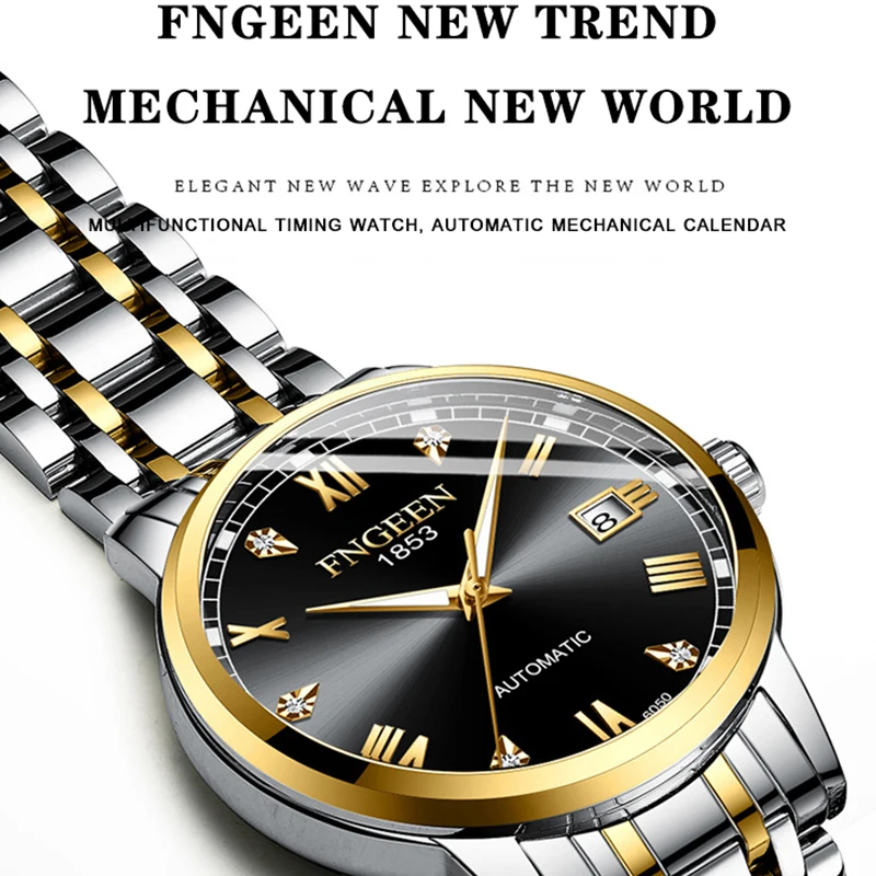 FNGEEN Top Brand Luxury Fashion Green Mechanical Watch for Men Stainless Steel Waterproof Sport Automatic Calendar Mens Watches