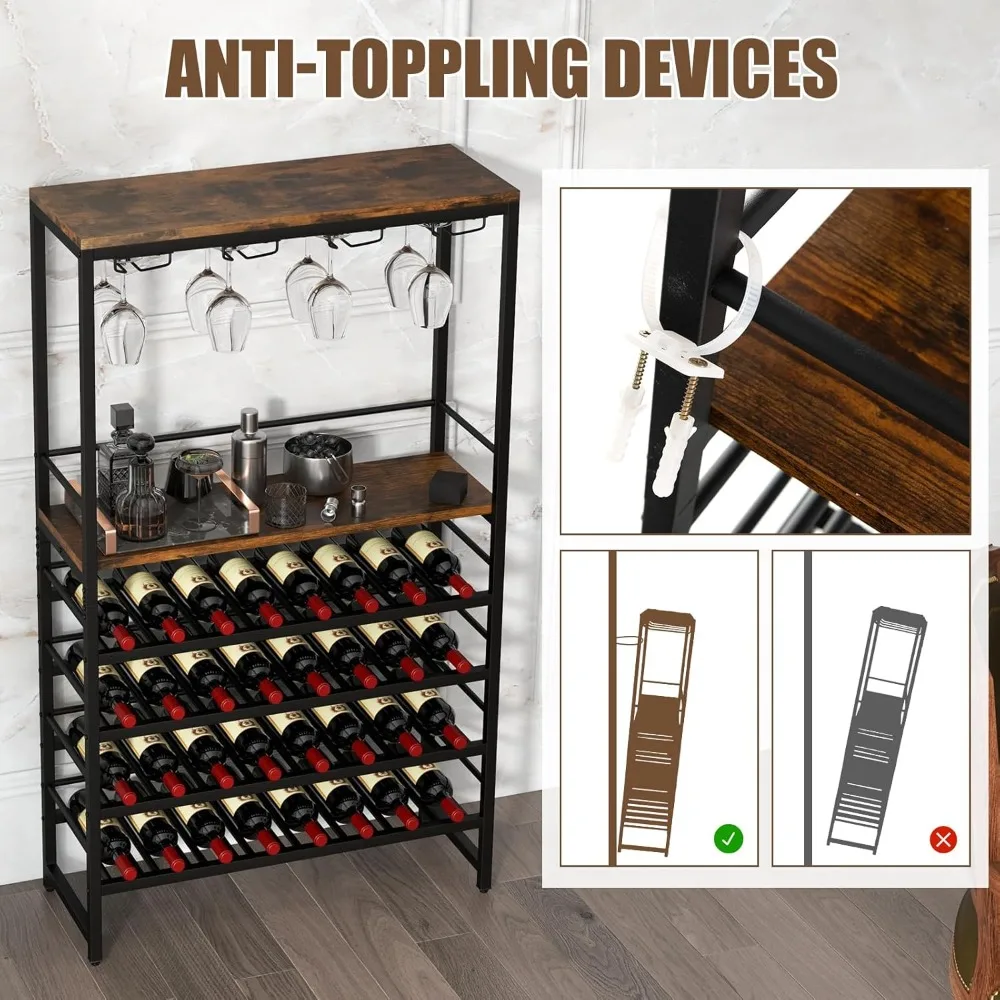 Multi-tier Wine Rack for 32 Bottles and 16 Glasses, Storage and Stemware Holder, Functional Wine Display Stand