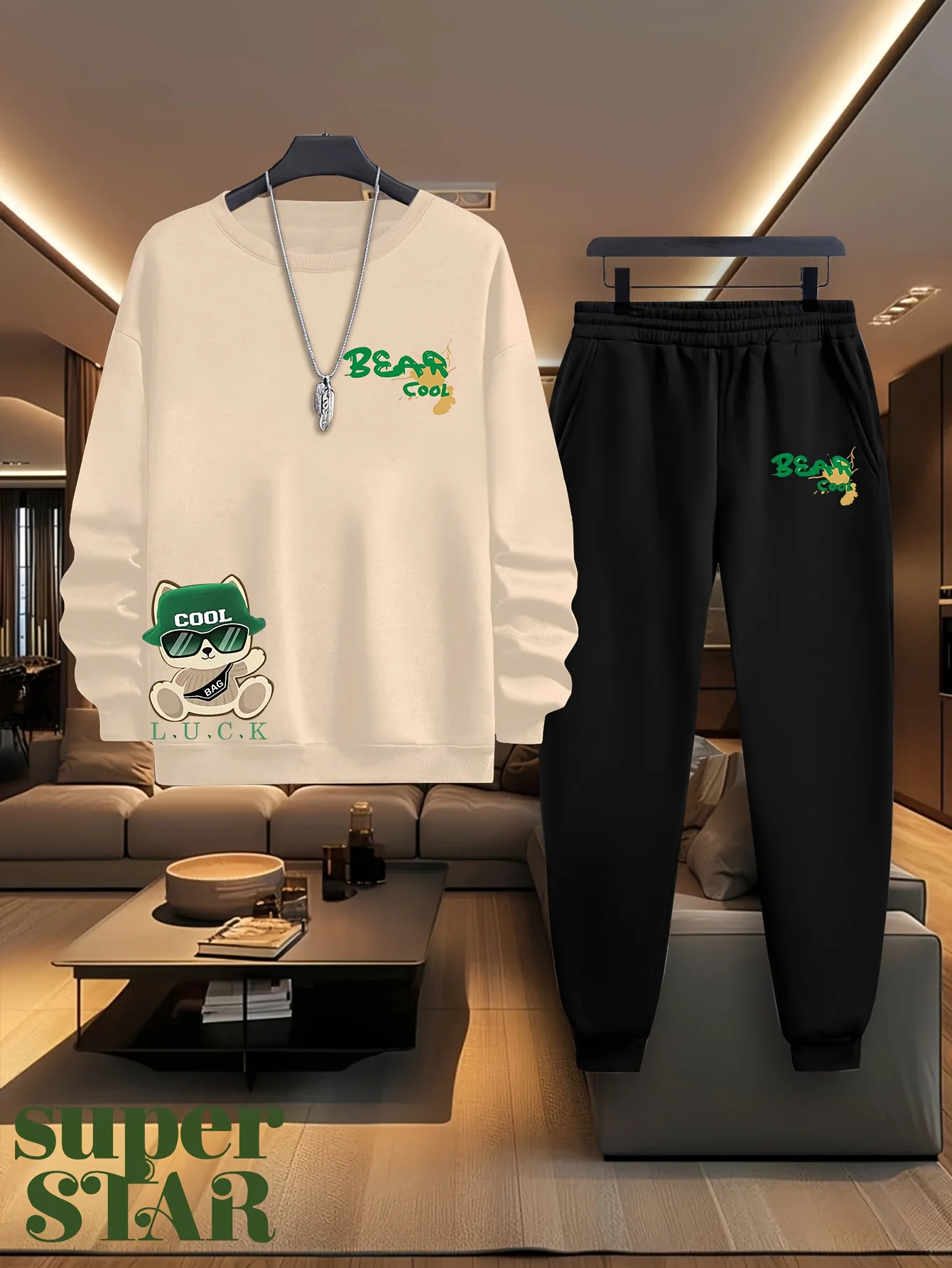 2026 Autumn New Men's Long-Sleeved Pants Set for Street Casual Fashion Soft and Comfortable 3D Bear Pattern Print