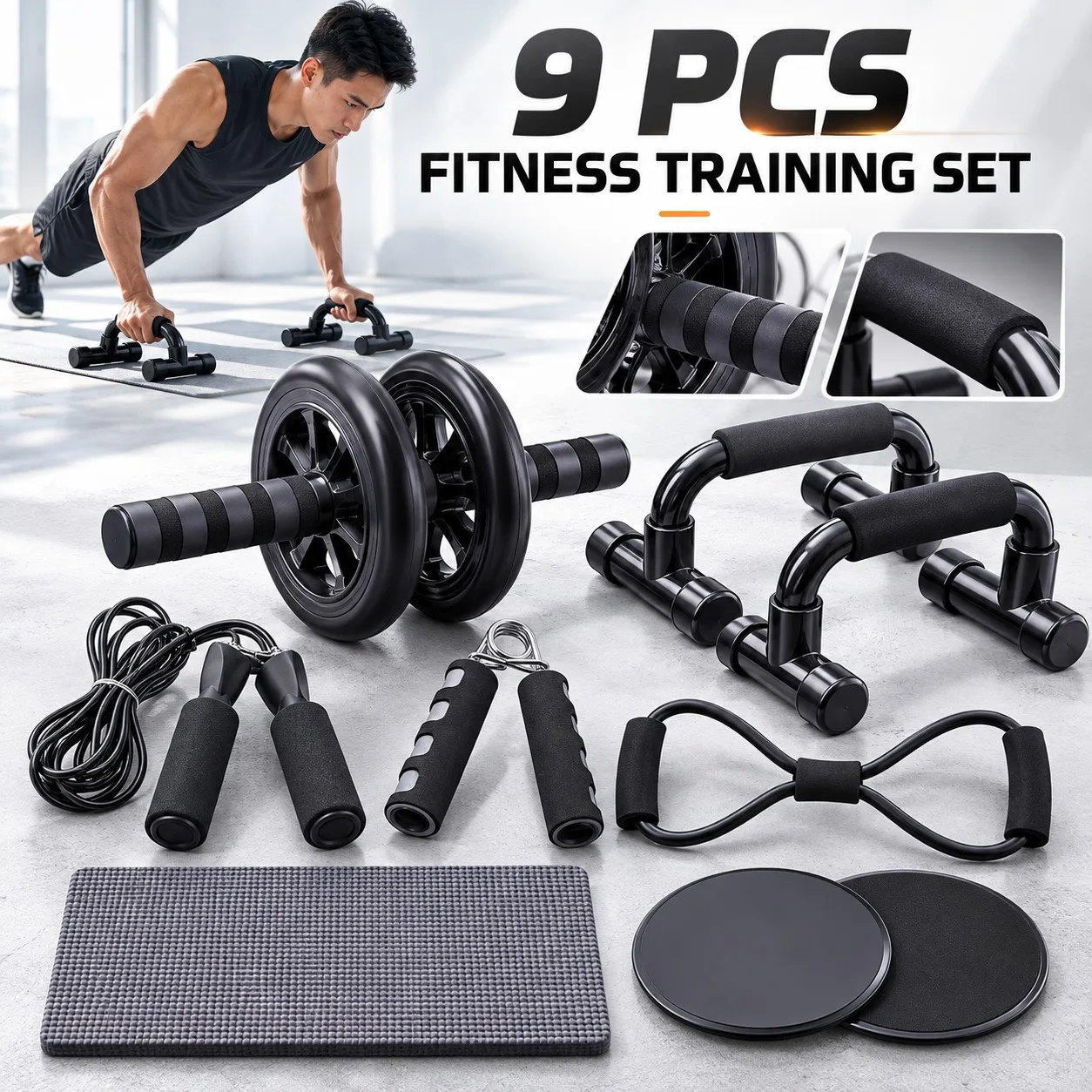 9 Piece Home Fitness Set Ab Roller Push Up Bars Chest Expander Jump Rope Hand Gripper Sliders for Strength Training Workout Gear