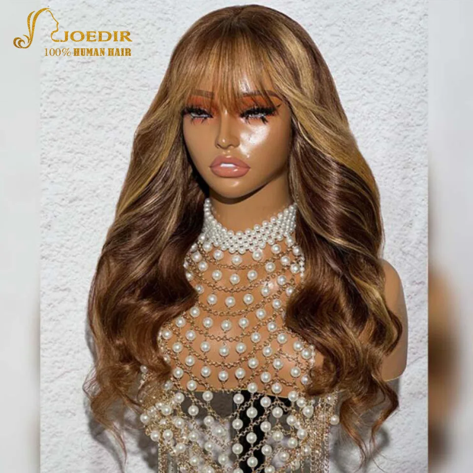 Natural Brown Body Wave Human Hair Lace Wigs With Curtain Bangs Brazilian Remy Hair Ready to Wear Glueless HD Lace Wavy Wigs