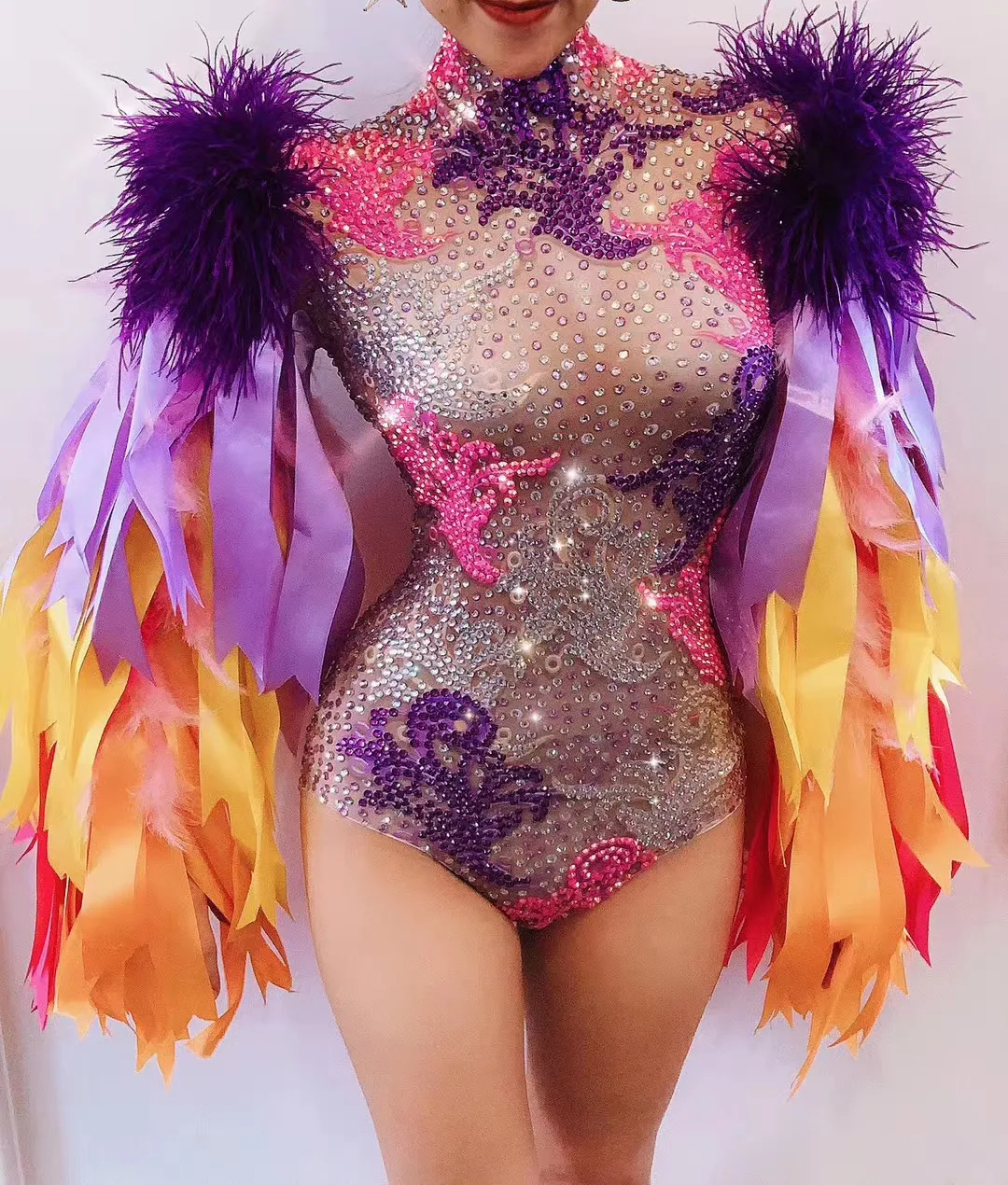 Women's Colorful Feather Sleeve Rhinestone Bodysuit for Nightclub Bar Party Outfit Performance Dance Costume