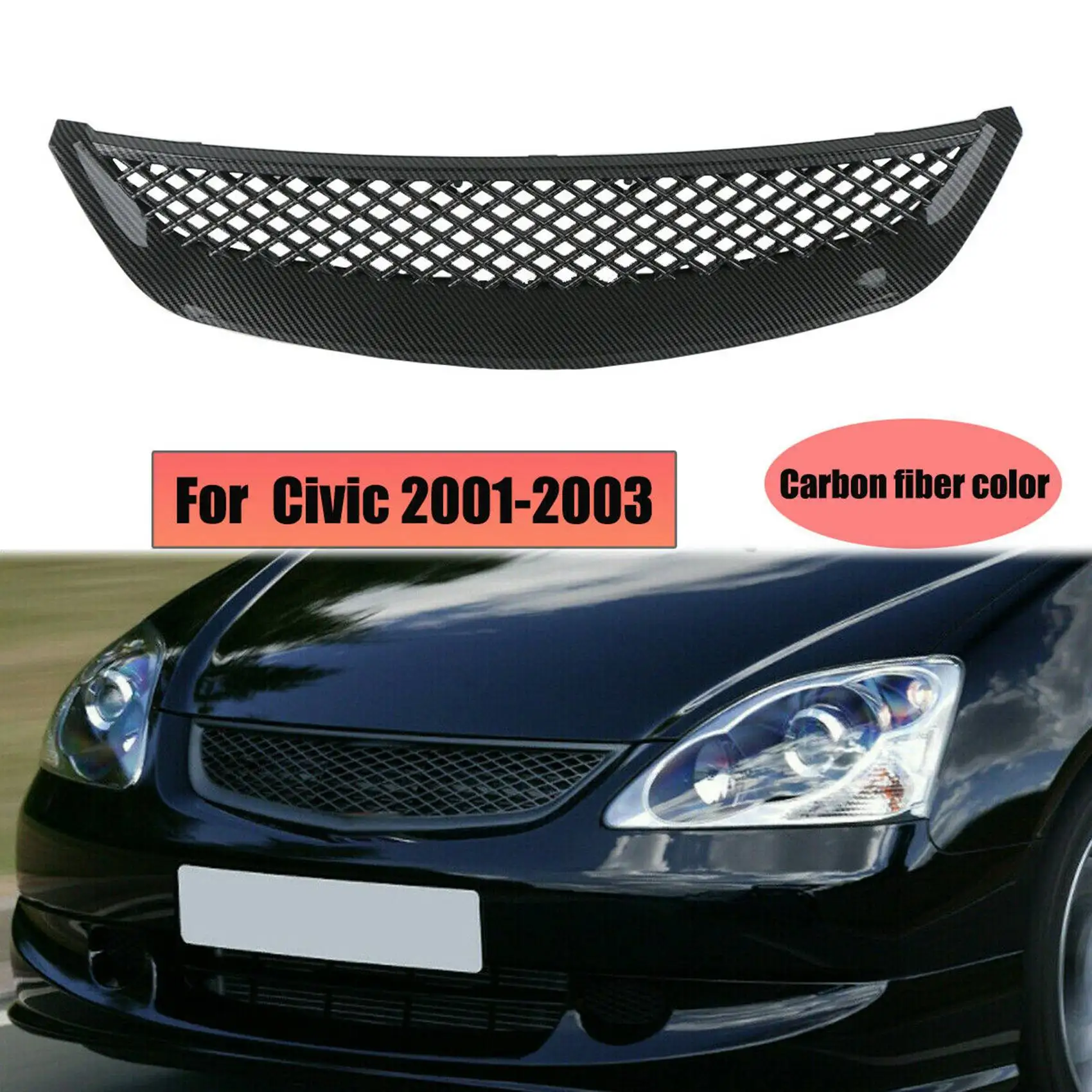 Front Bumper Hood Mesh Grille, grade de fibra de carbono para Honda Civic EM2 ES1 JDM
