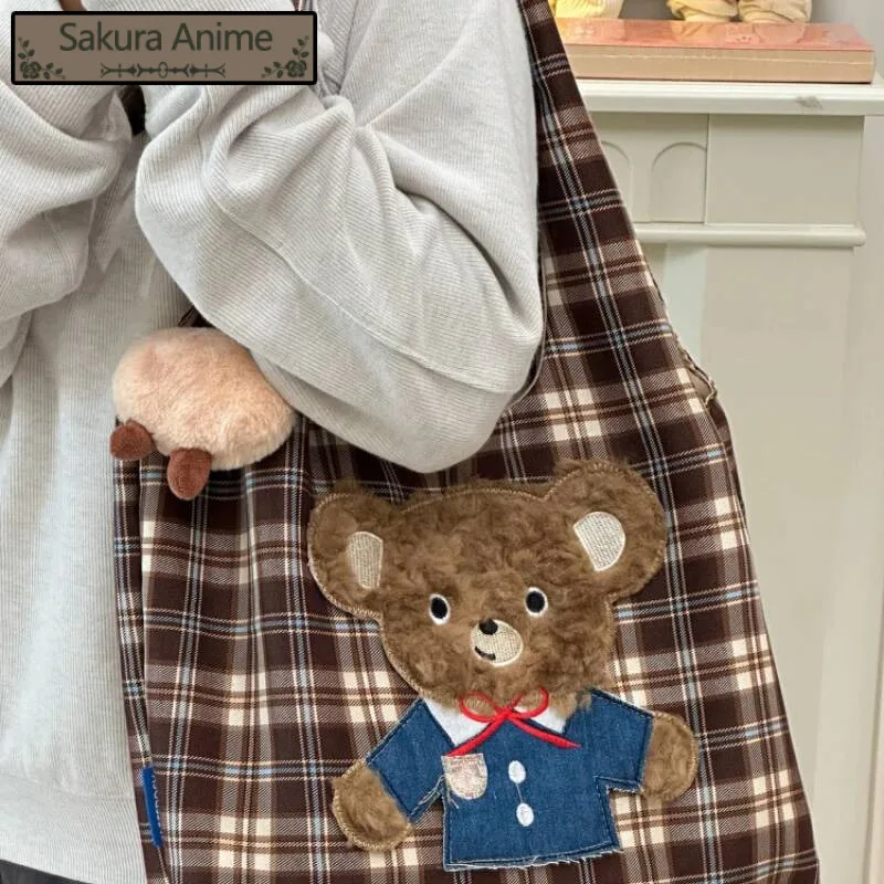 خمر Kawaii منقوشة حقائب اليد النسائية الكرتون لطيف الدب الكتف حقيبة تحت الإبط عادية الحلو Y2k الجمالية قماش حمل الحقائب العصرية