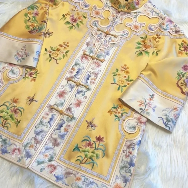 

Light luxury national style new Chinese patchwork heavy embroidery yellow coat top