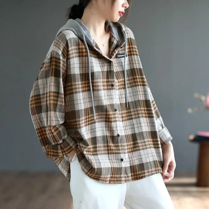 Fashion Hooded Button Spliced Lattice T-Shirt Women\'s Clothing 2022 Autumn New Loose Casual Pullovers All-match Korean Tee Shirt