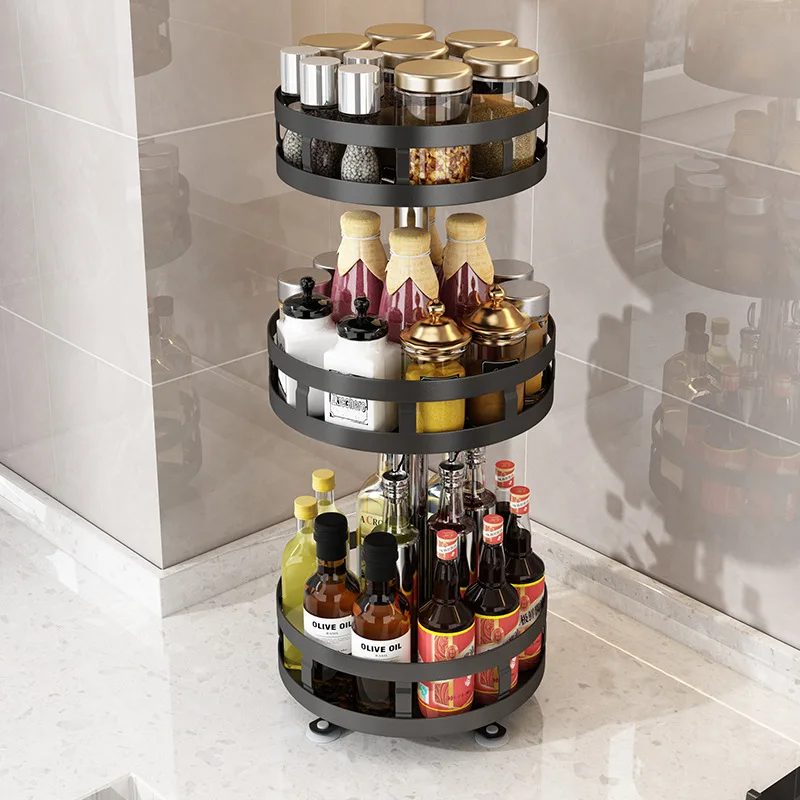 

Rotating Spice Dispenser Storage Shelf 3-Layer Metal Condiment Storage Rack Pantry Tray Stand Seasoning Holder Kitchen Organizer